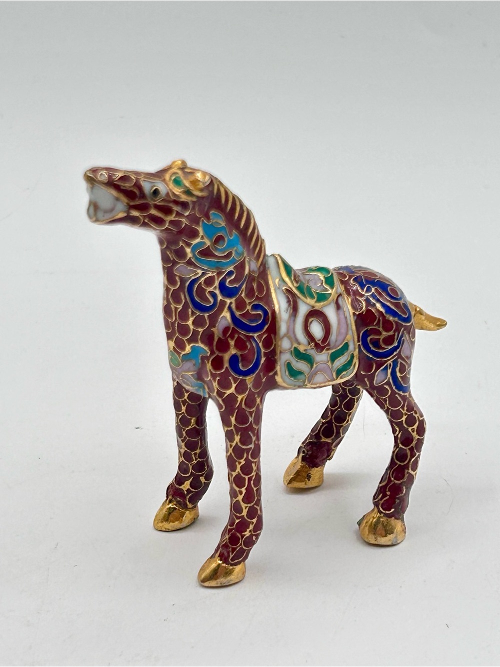 Vintage Chinese Cloisonné Enamel Horse Figurine Tang Style Red 3”